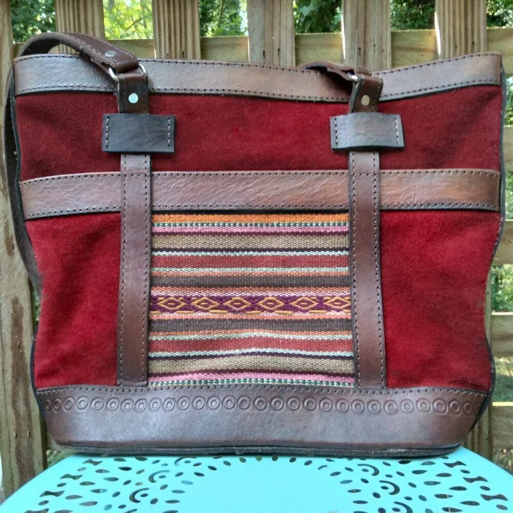 RichRed Suede Encased In Deep Brown Sturdy Tooled CowHide Colorful Woven Patches